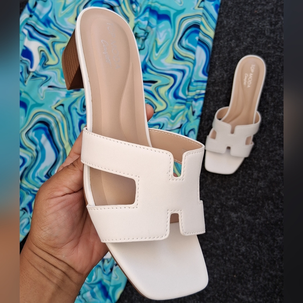 White Slide Heel Sandals - Casual Block Heel Slides